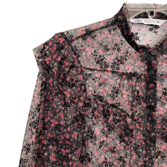 ZARA Black Floral Sheer Ruffle Trim  Blouse Size Small – Romantic Feminine - Picture 3 of 9
